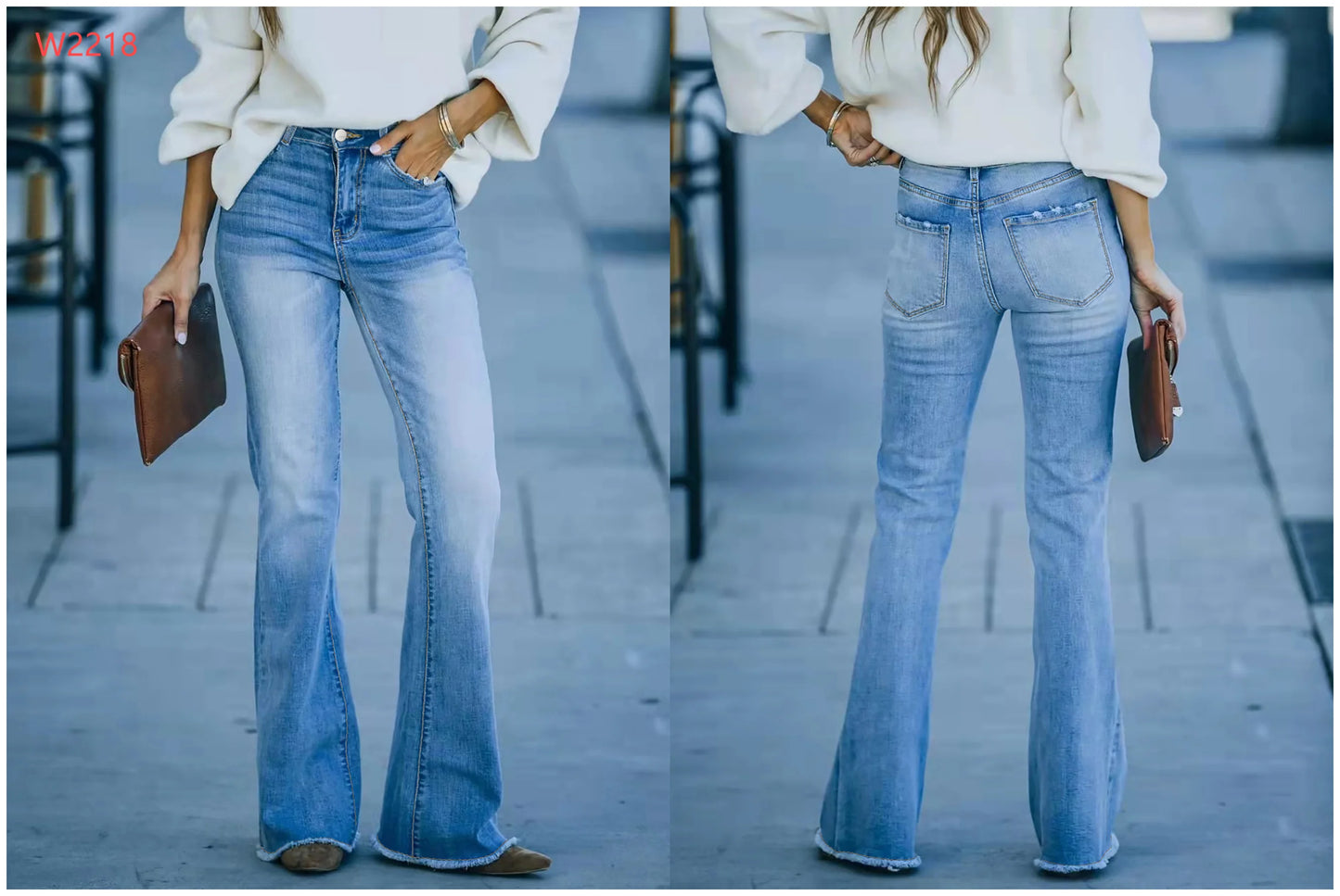 Women's Mid-Waist Light Blue White Washed Wide Leg Flare Jeans Denim Pants Casual Vintage Style Full-Length Mom Jeans