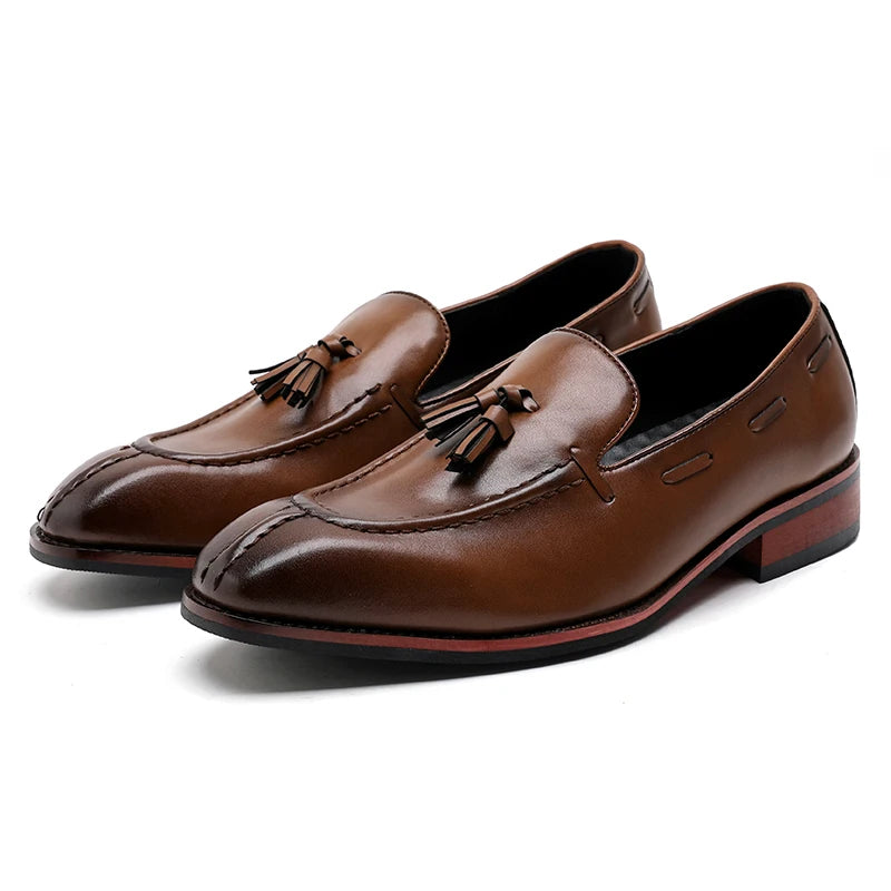 Men's British Slip-On Pointed Penny Loafers Casual Leather Shoes Breathable Light Weight Formal Dress Shoes Genuine Leather