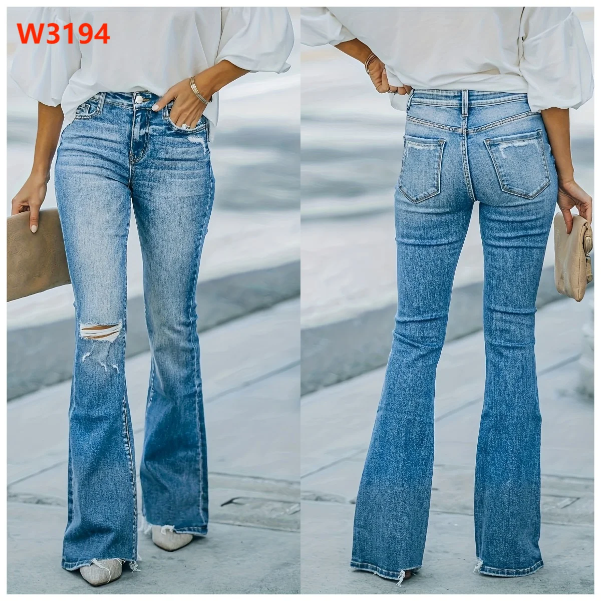 Women's Mid-Waist Light Blue White Washed Wide Leg Flare Jeans Denim Pants Casual Vintage Style Full-Length Mom Jeans