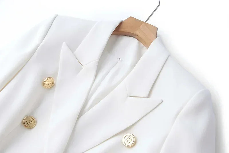 Women's White Black Pocket Blazer High Stretch Oxford Cotton Single Breasted Classic Style Office Blazer for Middle Age