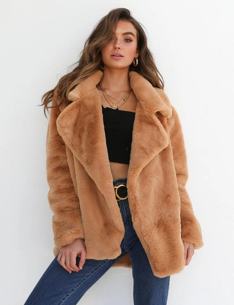 Women's Slim Fit Plush Lapel Jacket European Fashion Autumn Winter Warm Sexy Short Coat Casual Solid Outerwear colour