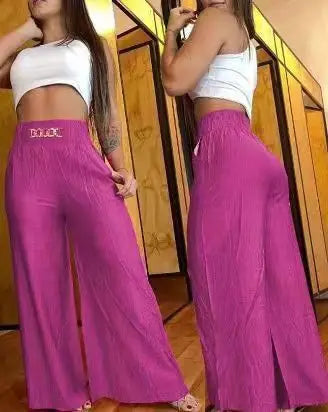 Women's High Waist Pants 2025 Autumn Fashion Elegant Solid Loose Slim Fit Wide Leg Trousers with Metal Decorative Speaker