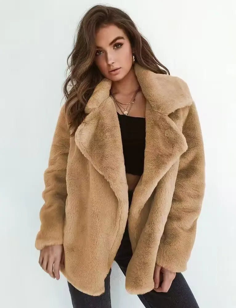 Women's Slim Fit Plush Lapel Jacket European Fashion Autumn Winter Warm Sexy Short Coat Casual Solid Outerwear colour