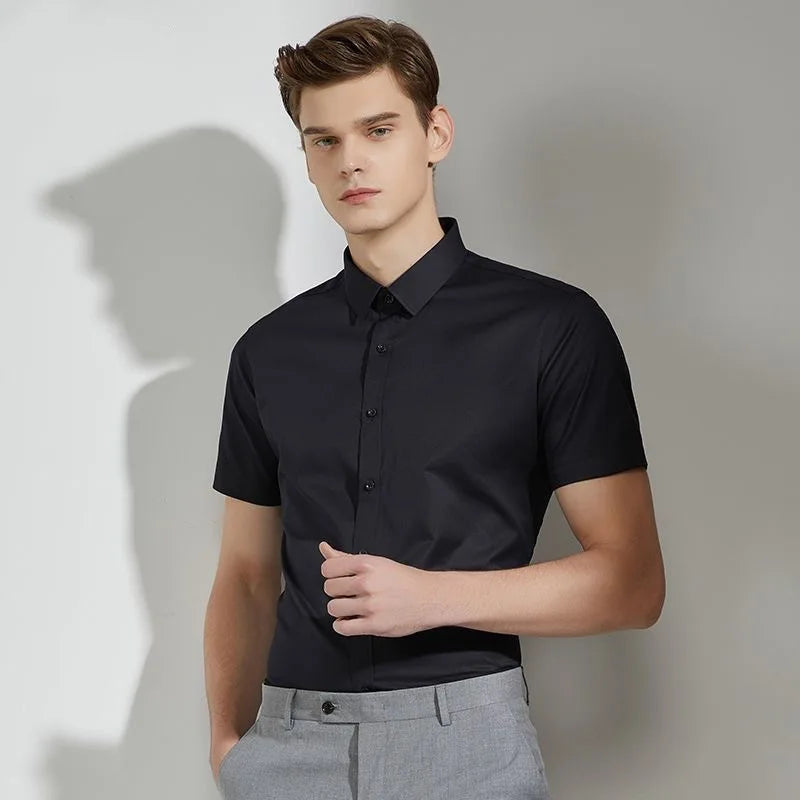 Men's Bamboo Fibre Stretch Casual Business Shirt Short-Sleeved Anti-Wrinkle Solid Colour Formal Top 6XL Smart Casual Fashion