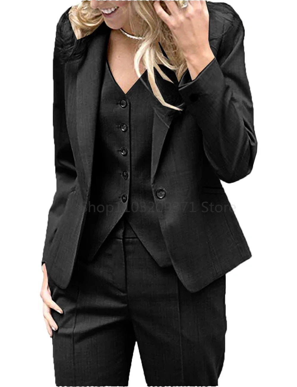 Women's 3-Piece Business Suit Set Mid-Waist Straight Leg Fit Tuxedo Jacket Vest with Pants