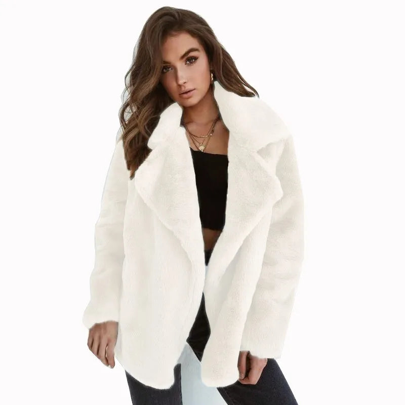 Women's Slim Fit Plush Lapel Jacket European Fashion Autumn Winter Warm Sexy Short Coat Casual Solid Outerwear colour