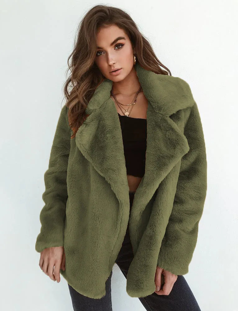 Women's Slim Fit Plush Lapel Jacket European Fashion Autumn Winter Warm Sexy Short Coat Casual Solid Outerwear colour