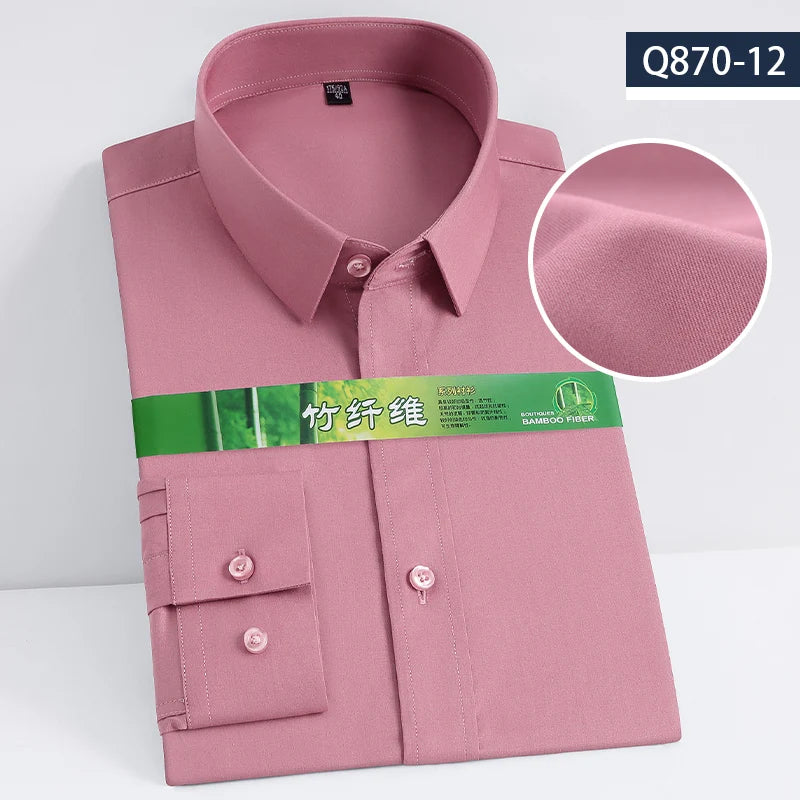 Men's Business Dress Shirt Bamboo Fibre Soft Long Sleeve Casual Non-Iron Regular Fit Solid Formal Quality Shirt for All Seasons
