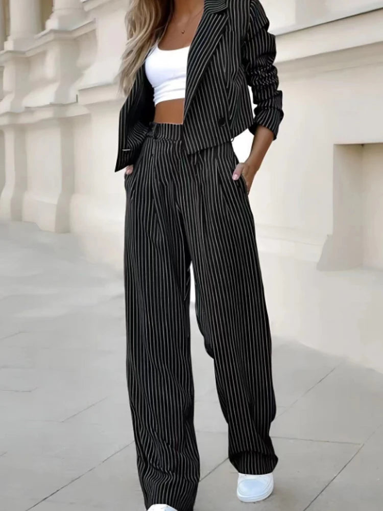 Women's Elegant Striped Blazer Coat & High Waist Wide Leg Pants 2pcs Set Long Sleeve Button Decor Office Lady Suit