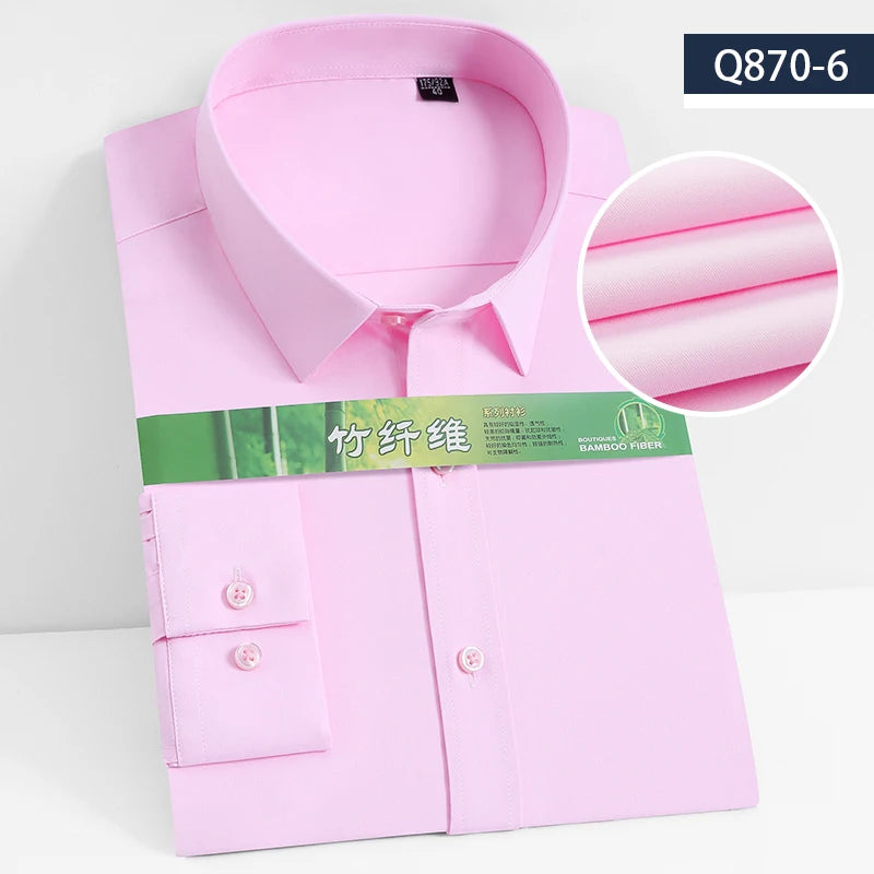 Men's Business Dress Shirt Bamboo Fibre Soft Long Sleeve Casual Non-Iron Regular Fit Solid Formal Quality Shirt for All Seasons