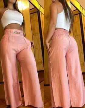 Women's High Waist Pants 2025 Autumn Fashion Elegant Solid Loose Slim Fit Wide Leg Trousers with Metal Decorative Speaker
