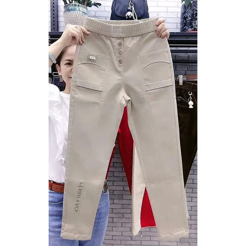 Women's High-Waist Elastic Denim Harem Pants Solid Colour Casual Trousers Spring Summer Fashion Simplicity Ankle-Length Polyester