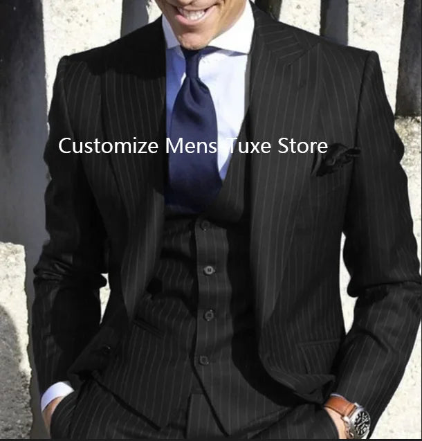 Men's 3 Piece Tuxedo Suit with Pants Stripe Blazer Wedding Groom Costume Skinny Fit Single Breasted Cotton Polyester
