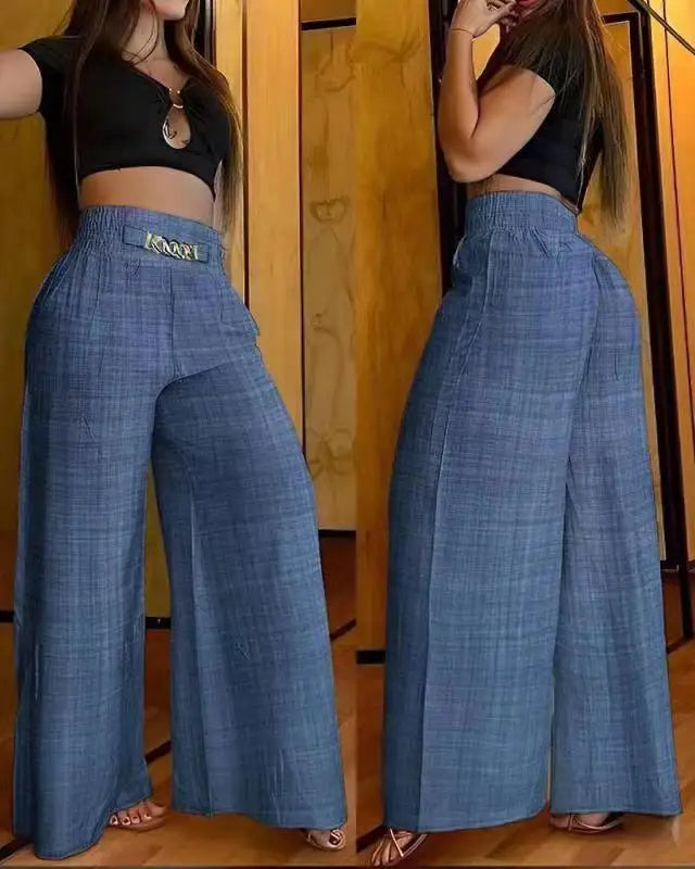 Women's High Waist Pants 2025 Autumn Fashion Elegant Solid Loose Slim Fit Wide Leg Trousers with Metal Decorative Speaker