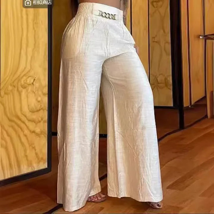 Women's High Waist Pants 2025 Autumn Fashion Elegant Solid Loose Slim Fit Wide Leg Trousers with Metal Decorative Speaker
