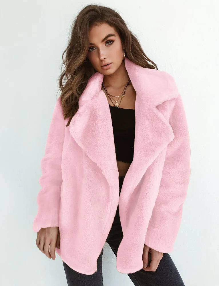 Women's Slim Fit Plush Lapel Jacket European Fashion Autumn Winter Warm Sexy Short Coat Casual Solid Outerwear colour