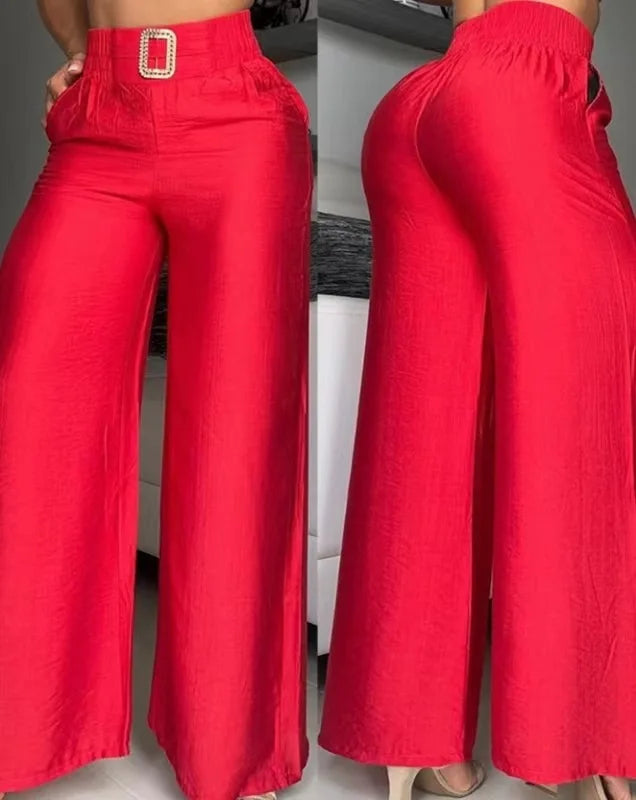 Women's High Waist Pants 2025 Autumn Fashion Elegant Solid Loose Slim Fit Wide Leg Trousers with Metal Decorative Speaker