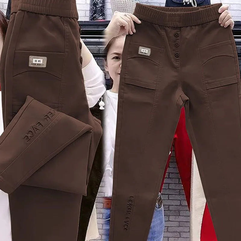 Women's High-Waist Elastic Denim Harem Pants Solid Colour Casual Trousers Spring Summer Fashion Simplicity Ankle-Length Polyester