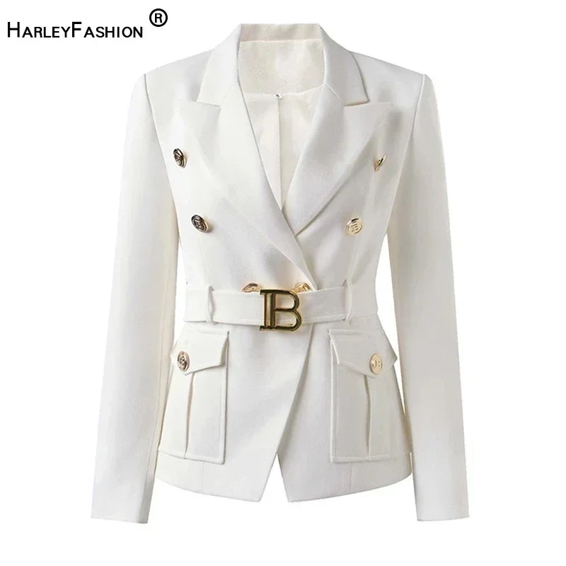 Women's White Black Pocket Blazer High Stretch Oxford Cotton Single Breasted Classic Style Office Blazer for Middle Age