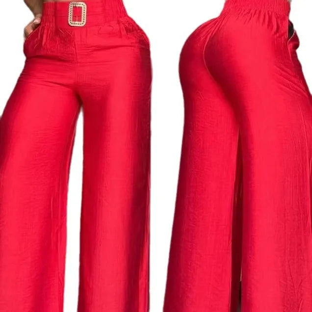 Women's High Waist Pants 2025 Autumn Fashion Elegant Solid Loose Slim Fit Wide Leg Trousers with Metal Decorative Speaker