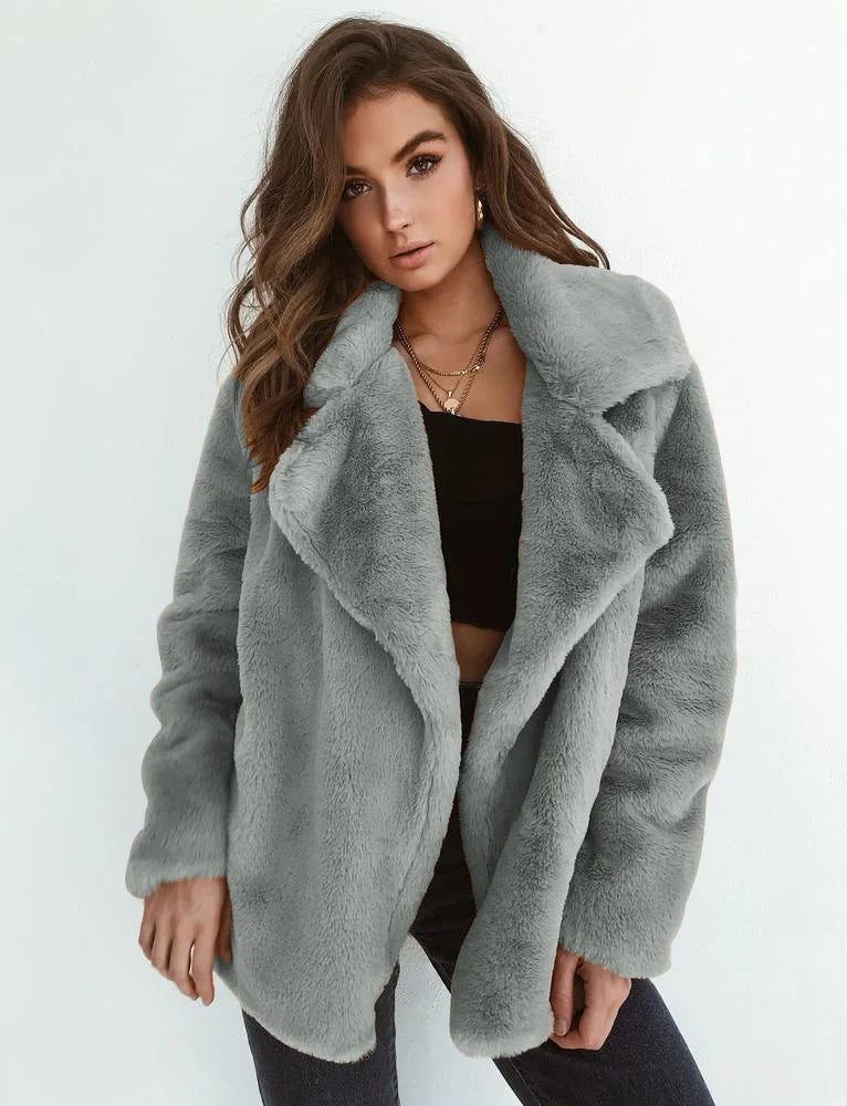 Women's Slim Fit Plush Lapel Jacket European Fashion Autumn Winter Warm Sexy Short Coat Casual Solid Outerwear colour
