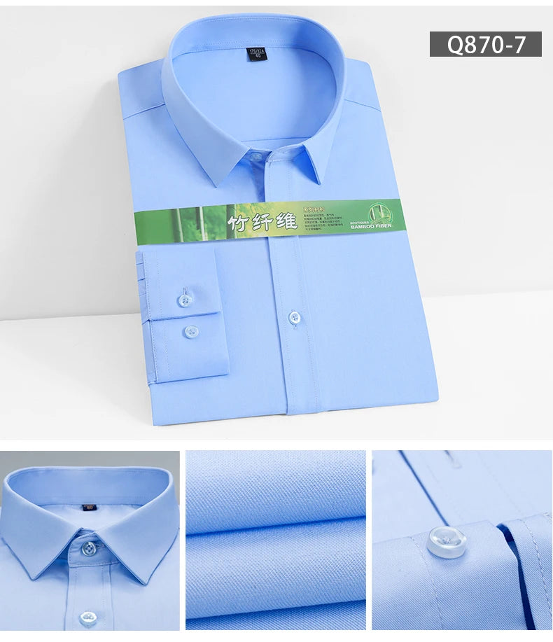 Men's Business Dress Shirt Bamboo Fibre Soft Long Sleeve Casual Non-Iron Regular Fit Solid Formal Quality Shirt for All Seasons