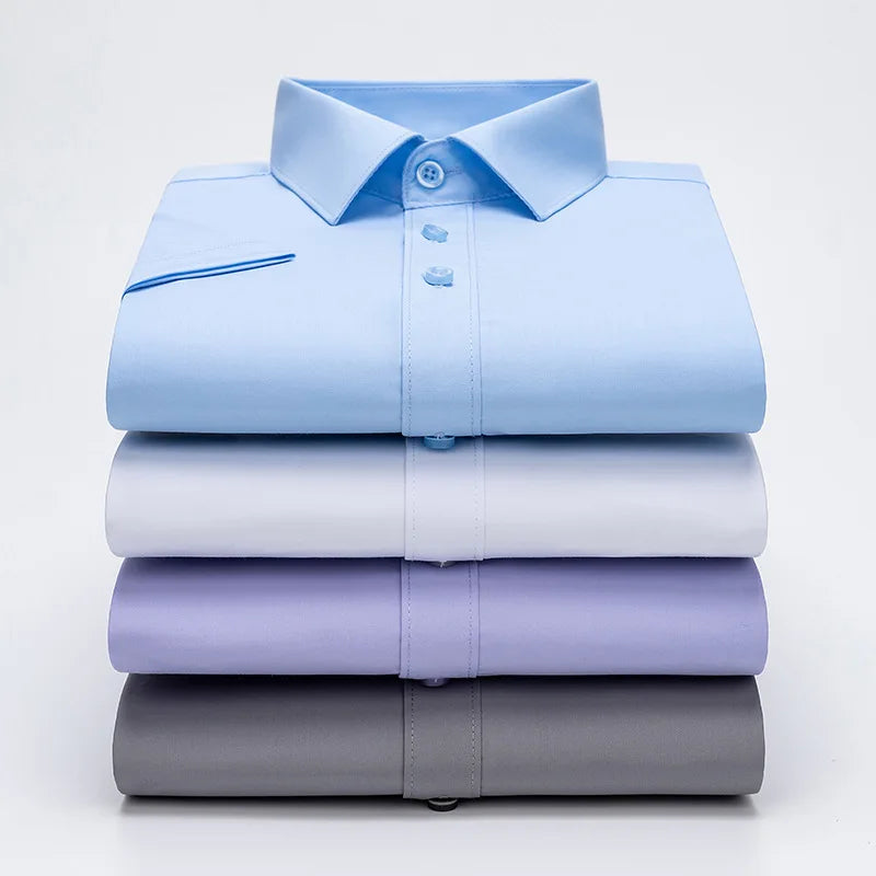 Men's Bamboo Fibre Stretch Casual Business Shirt Short-Sleeved Anti-Wrinkle Solid Colour Formal Top 6XL Smart Casual Fashion