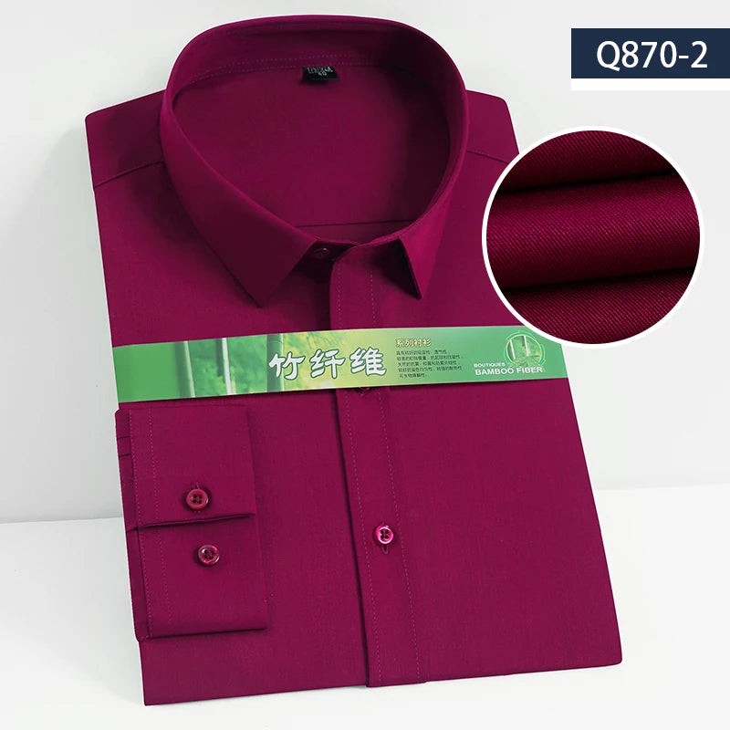 Men's Business Dress Shirt Bamboo Fibre Soft Long Sleeve Casual Non-Iron Regular Fit Solid Formal Quality Shirt for All Seasons