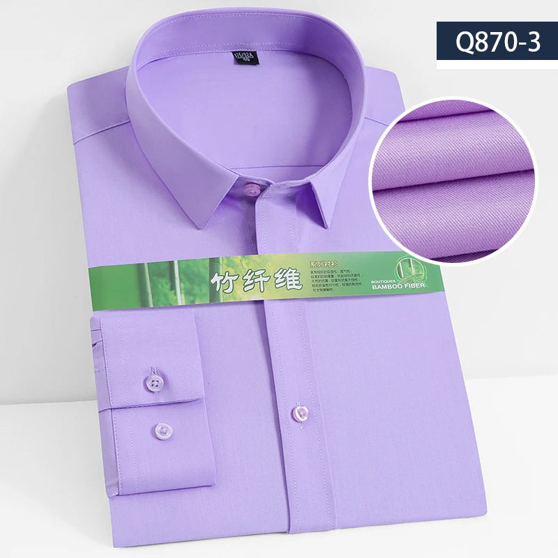 Men's Business Dress Shirt Bamboo Fibre Soft Long Sleeve Casual Non-Iron Regular Fit Solid Formal Quality Shirt for All Seasons