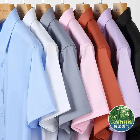 Men's Bamboo Fibre Stretch Casual Business Shirt Short-Sleeved Anti-Wrinkle Solid Colour Formal Top 6XL Smart Casual Fashion