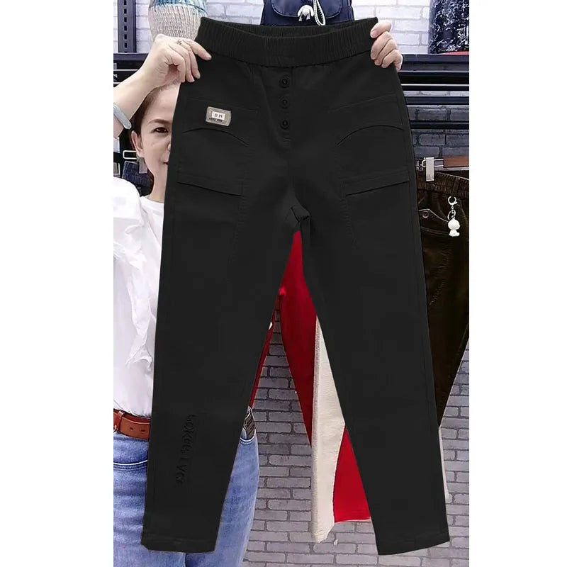 Women's High-Waist Elastic Denim Harem Pants Solid Colour Casual Trousers Spring Summer Fashion Simplicity Ankle-Length Polyester
