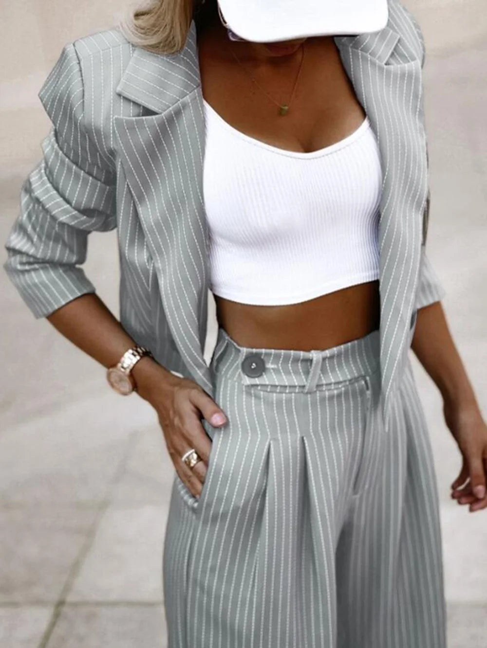 Women's Elegant Striped Blazer Coat & High Waist Wide Leg Pants 2pcs Set Long Sleeve Button Decor Office Lady Suit