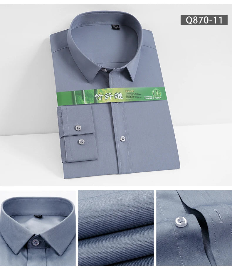 Men's Business Dress Shirt Bamboo Fibre Soft Long Sleeve Casual Non-Iron Regular Fit Solid Formal Quality Shirt for All Seasons