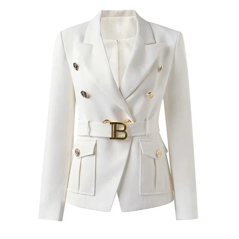 Women's White Black Pocket Blazer High Stretch Oxford Cotton Single Breasted Classic Style Office Blazer for Middle Age