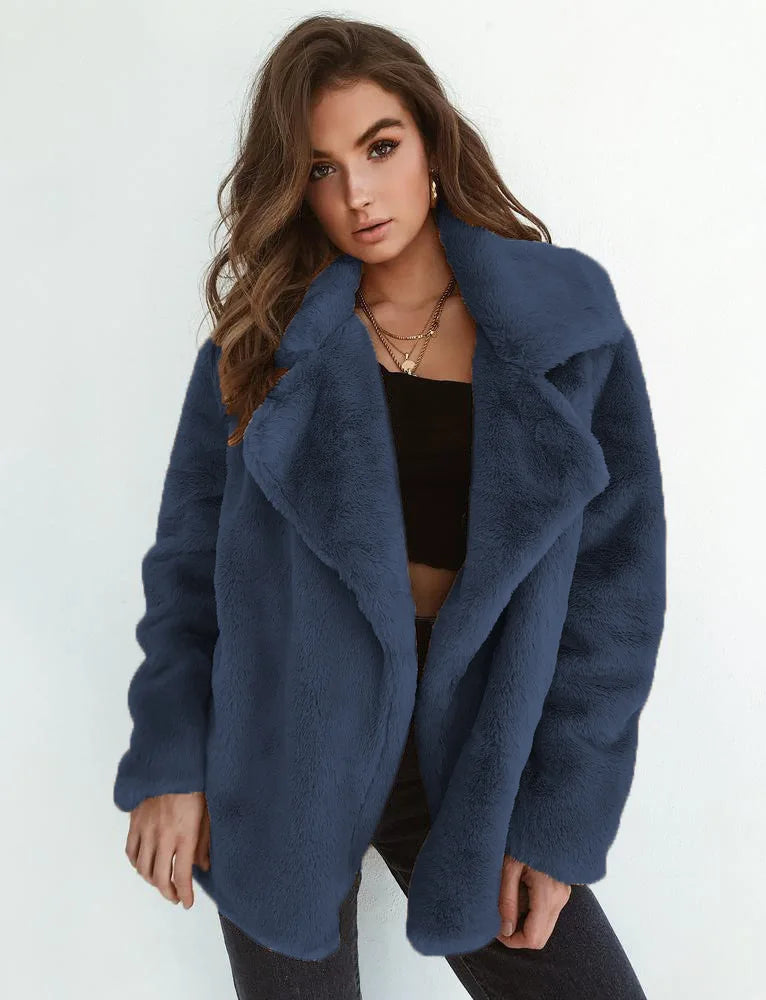 Women's Slim Fit Plush Lapel Jacket European Fashion Autumn Winter Warm Sexy Short Coat Casual Solid Outerwear colour