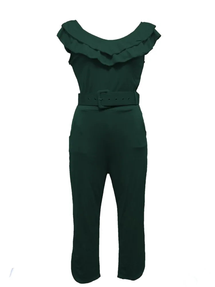 Off-The-Shoulder Women's Jumpsuit High-Waist Slim Fit Solid Color Romper with Pleated Ruffles Leg Belt Not Included Summer Fashion