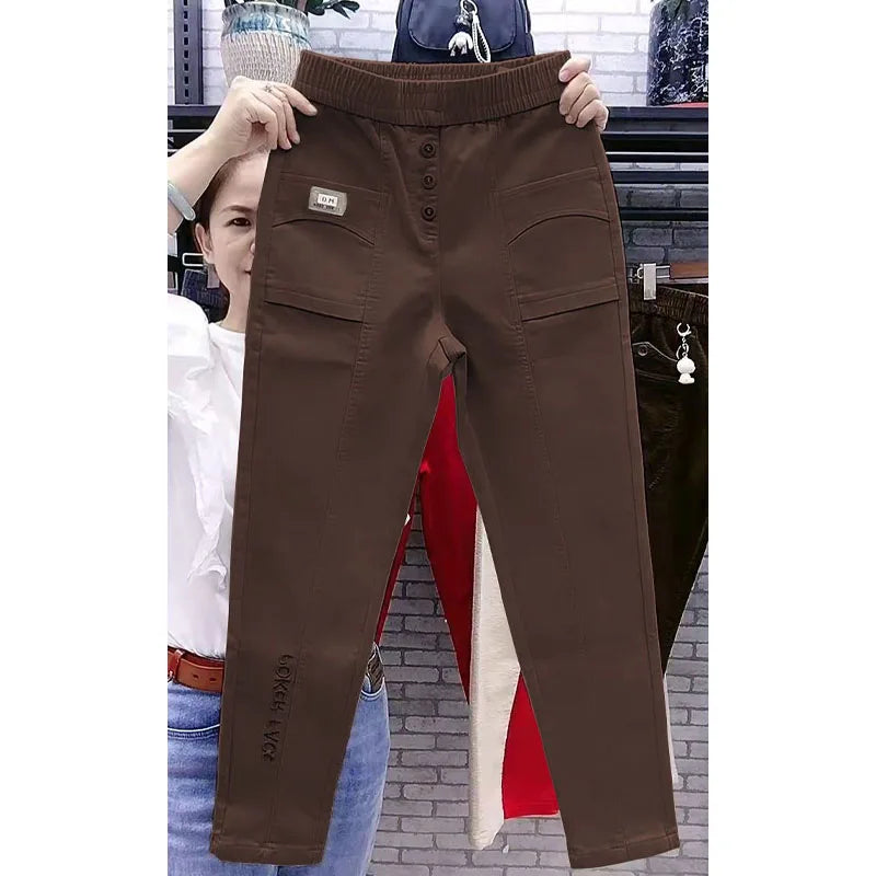 Women's High-Waist Elastic Denim Harem Pants Solid Colour Casual Trousers Spring Summer Fashion Simplicity Ankle-Length Polyester