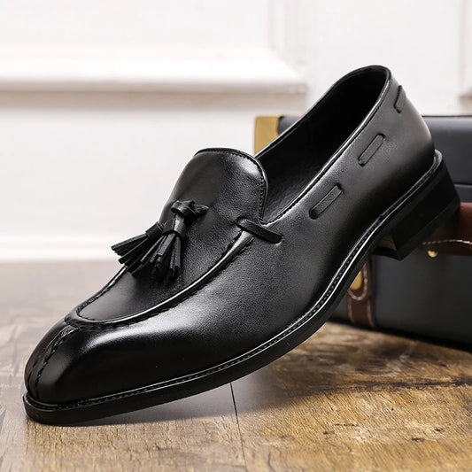 Men's British Slip-On Pointed Penny Loafers Casual Leather Shoes Breathable Light Weight Formal Dress Shoes Genuine Leather