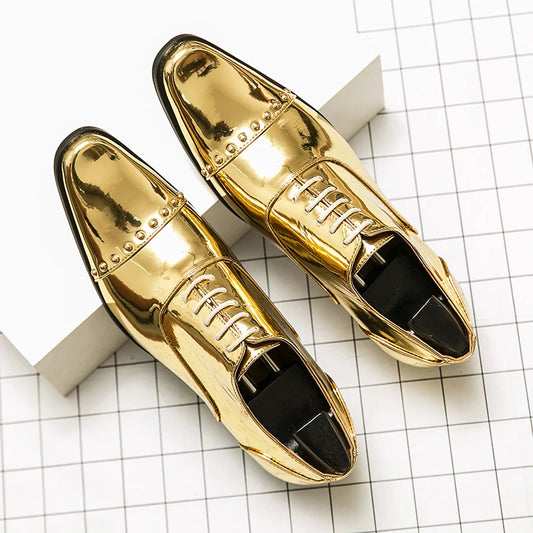 Men's Gold Leather Oxfords Business Shoes Slip-On Anti-Slip Breathable Comfortable Dress Shoes for Office & Career
