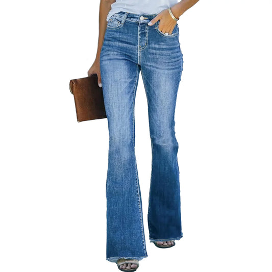 Women's Mid-Waist Light Blue White Washed Wide Leg Flare Jeans Denim Pants Casual Vintage Style Full-Length Mom Jeans