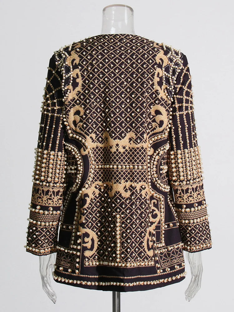 DEAT Women's V-neck Blazer Loose Fit Long Sleeve Printed Rivet Pearl Detailing Autumn Fashion Suit Jacket MIDDLE AGE Size
