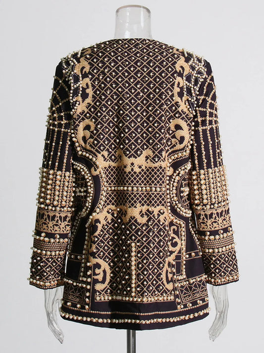 DEAT Women's V-neck Blazer Loose Fit Long Sleeve Printed Rivet Pearl Detailing Autumn Fashion Suit Jacket MIDDLE AGE Size