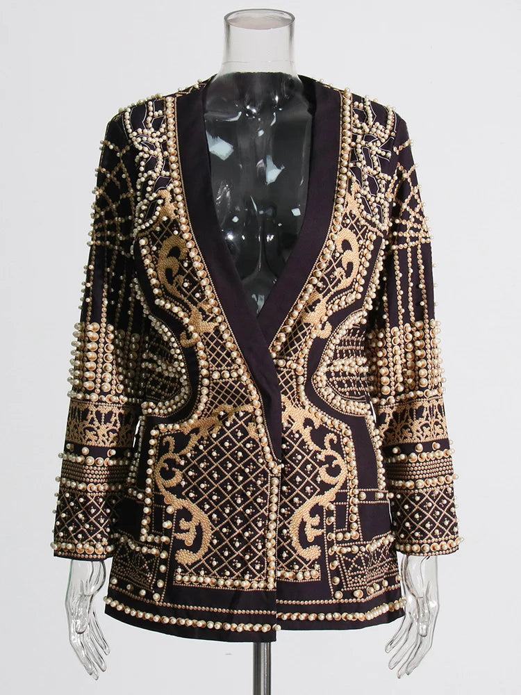 DEAT Women's V-neck Blazer Loose Fit Long Sleeve Printed Rivet Pearl Detailing Autumn Fashion Suit Jacket MIDDLE AGE Size
