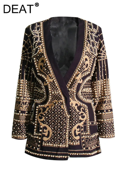 DEAT Women's V-neck Blazer Loose Fit Long Sleeve Printed Rivet Pearl Detailing Autumn Fashion Suit Jacket MIDDLE AGE Size