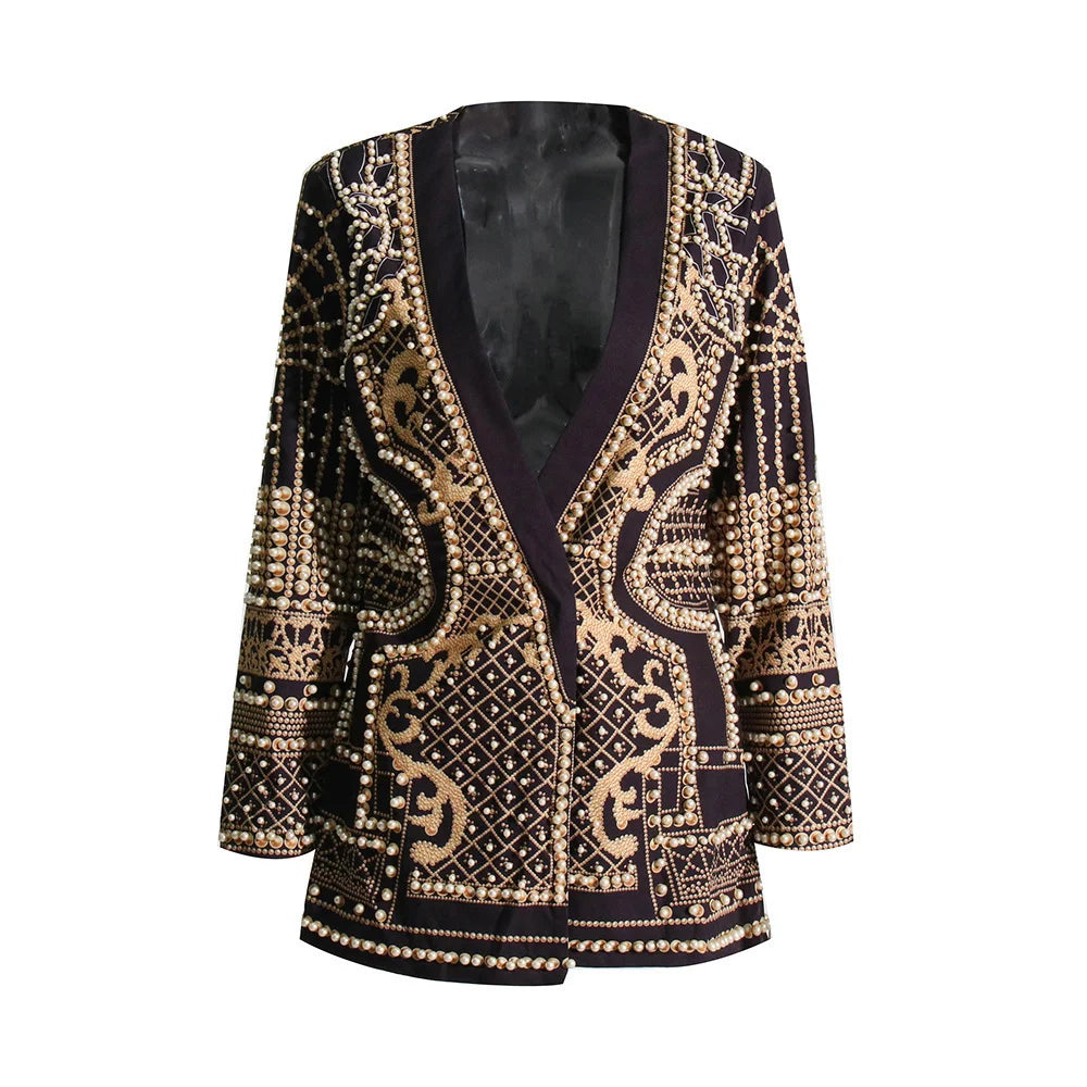 DEAT Women's V-neck Blazer Loose Fit Long Sleeve Printed Rivet Pearl Detailing Autumn Fashion Suit Jacket MIDDLE AGE Size