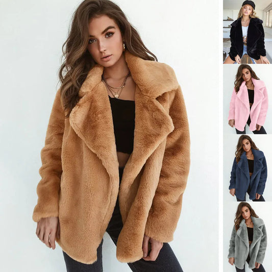 Women's Slim Fit Plush Lapel Jacket European Fashion Autumn Winter Warm Sexy Short Coat Casual Solid Outerwear colour