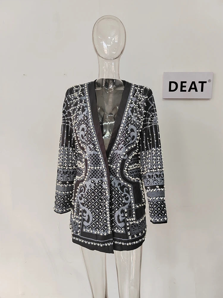 DEAT Women's V-neck Blazer Loose Fit Long Sleeve Printed Rivet Pearl Detailing Autumn Fashion Suit Jacket MIDDLE AGE Size