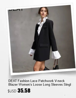 DEAT Women's V-neck Blazer Loose Fit Long Sleeve Printed Rivet Pearl Detailing Autumn Fashion Suit Jacket MIDDLE AGE Size