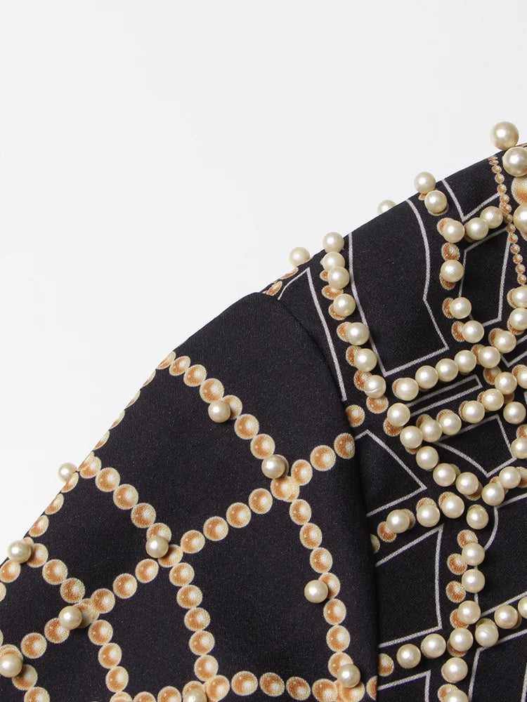 DEAT Women's V-neck Blazer Loose Fit Long Sleeve Printed Rivet Pearl Detailing Autumn Fashion Suit Jacket MIDDLE AGE Size
