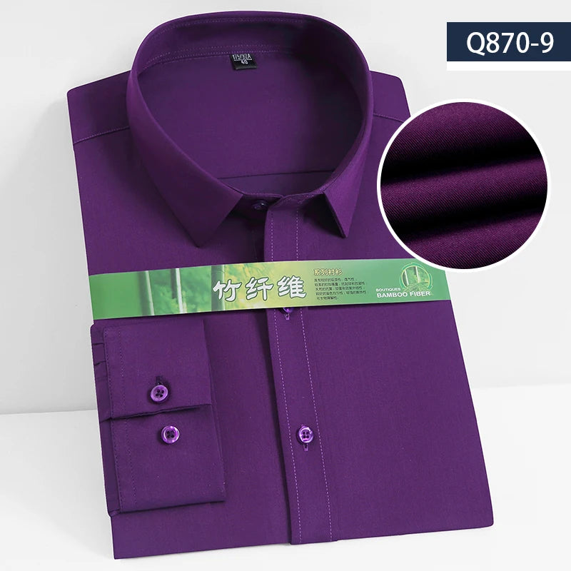 Men's Business Dress Shirt Bamboo Fibre Soft Long Sleeve Casual Non-Iron Regular Fit Solid Formal Quality Shirt for All Seasons